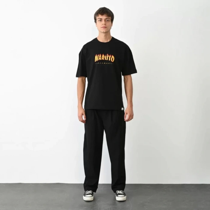 MARSiLYAN- Unisex Bisiklet Yaka Baskılı Oversize T-Shirt - Siyah