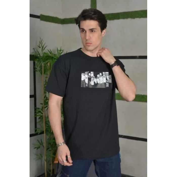 MARSiLYAN- Unisex Bisiklet Yaka Baskılı Oversize T-Shirt - Siyah