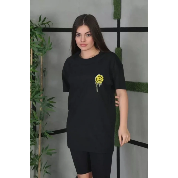 MARSiLYAN- Unisex Bisiklet Yaka Baskılı Oversize T-Shirt - Siyah
