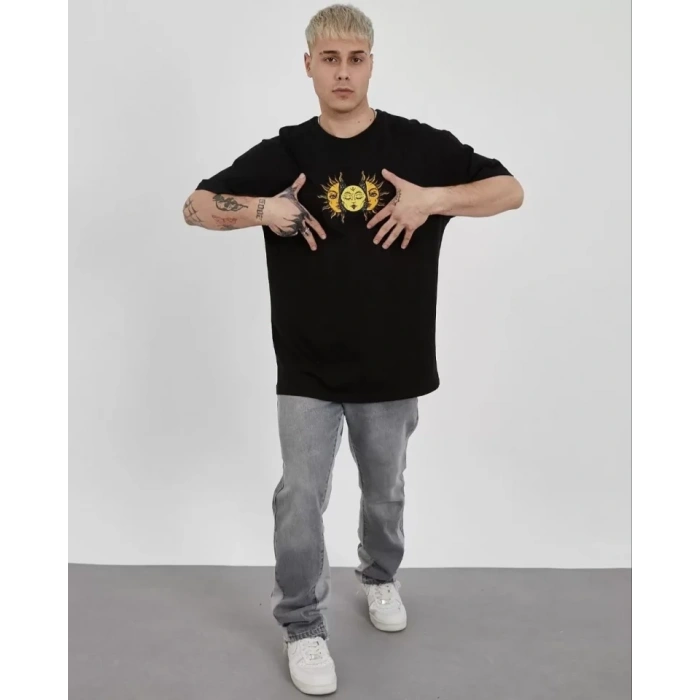 MARSiLYAN- Unisex Bisiklet Yaka Baskılı Oversize T-Shirt - Siyah