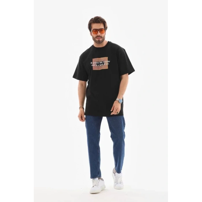MARSiLYAN- Unisex Bisiklet Yaka Baskılı Oversize T-Shirt - Siyah