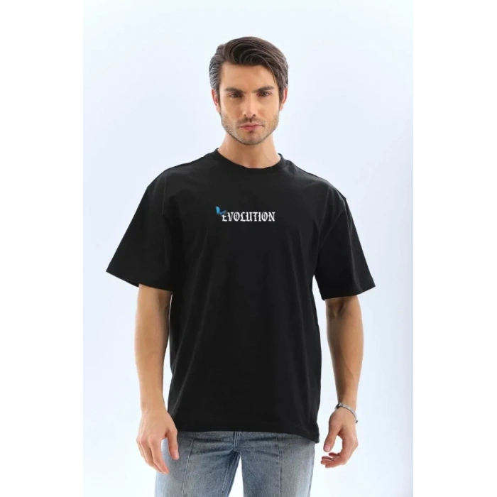 MARSiLYAN- Unisex Bisiklet Yaka Baskılı Oversize T-Shirt - Siyah