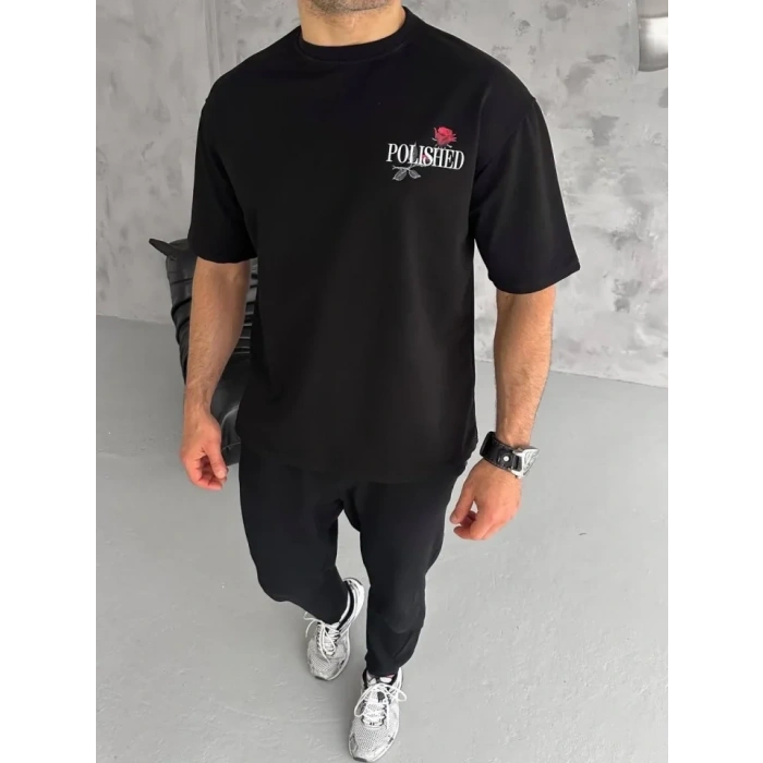 MARSiLYAN- Unisex Bisiklet Yaka Baskılı Oversize T-Shirt - Siyah