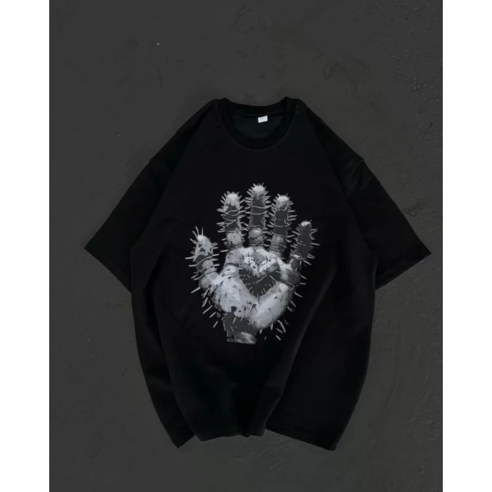 MARSiLYAN- Unisex Bisiklet Yaka Baskılı Oversize T-Shirt - Siyah