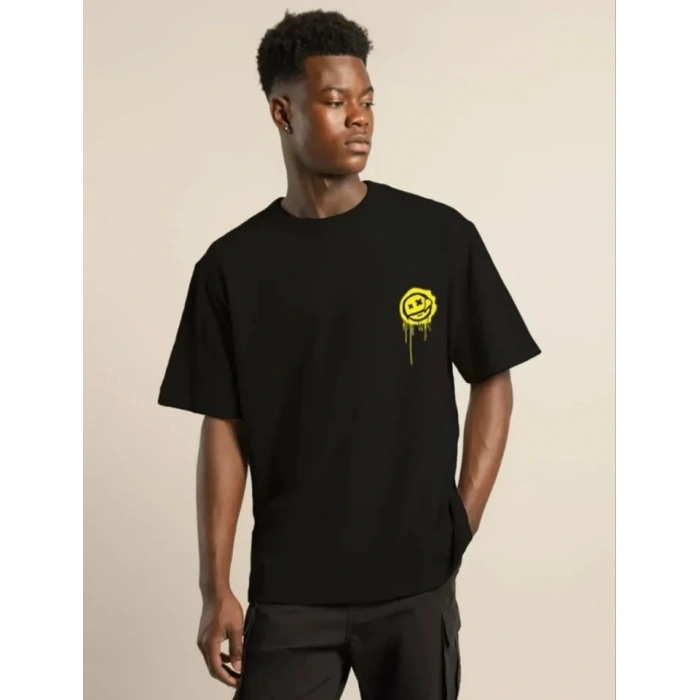 MARSiLYAN- Unisex Bisiklet Yaka Baskılı Oversize T-Shirt - Siyah