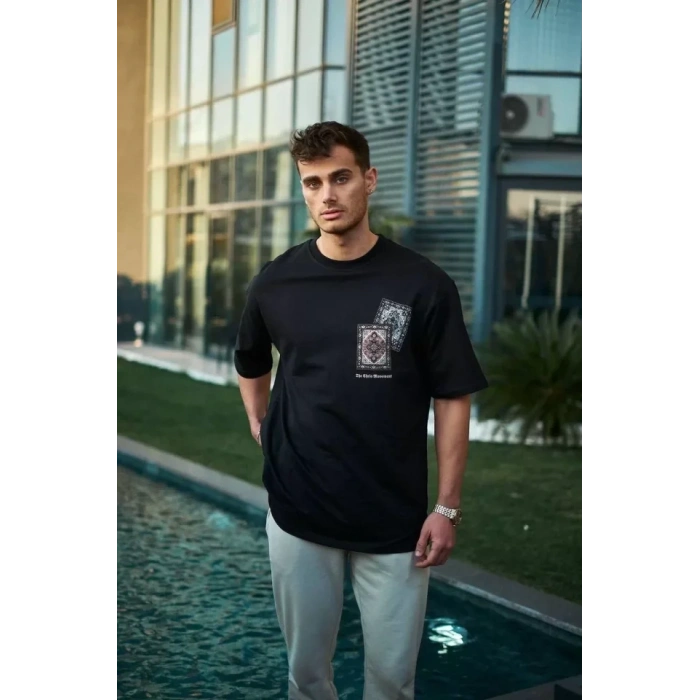 MARSiLYAN- Unisex Bisiklet Yaka Baskılı Oversize T-Shirt - Siyah