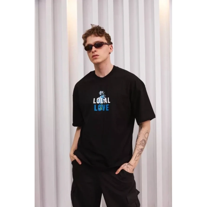 MARSiLYAN- Unisex Bisiklet Yaka Baskılı Oversize T-Shirt - Siyah