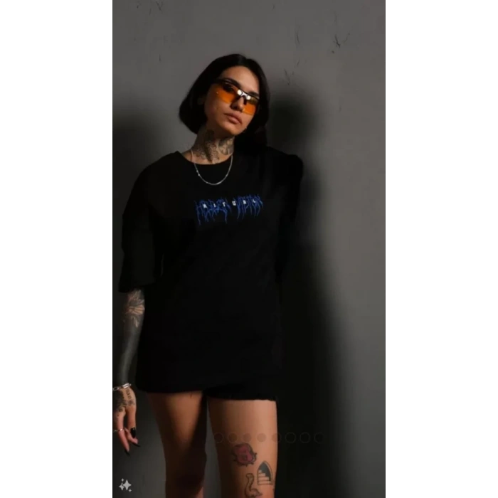MARSiLYAN- Unisex Bisiklet Yaka Baskılı Oversize T-Shirt - Siyah