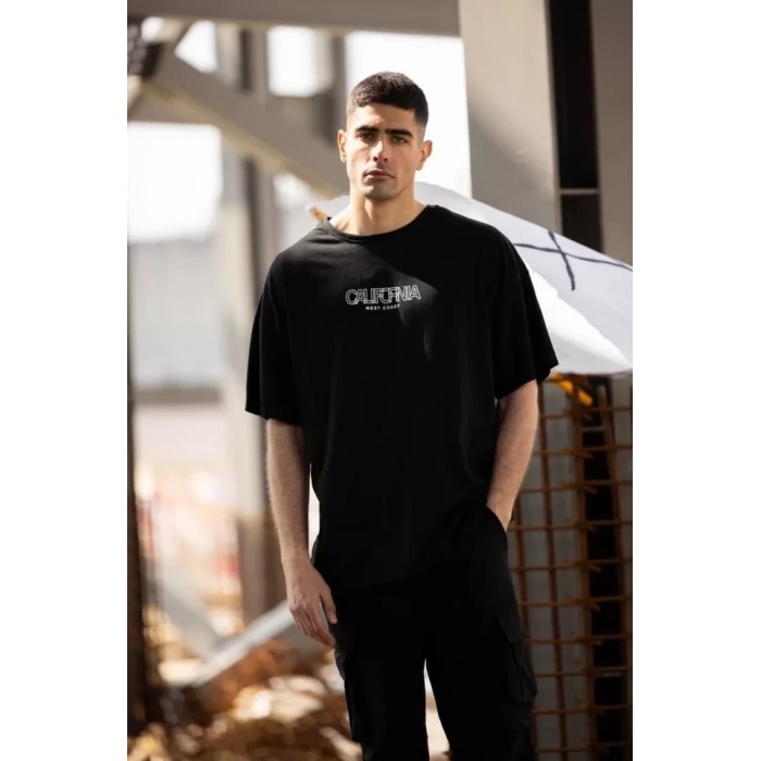 MARSiLYAN- Unisex Bisiklet Yaka Baskılı Oversize T-Shirt - Siyah