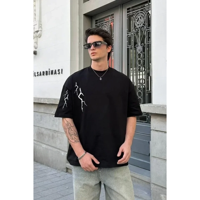 MARSiLYAN- Unisex Bisiklet Yaka Baskılı Oversize T-Shirt - Siyah