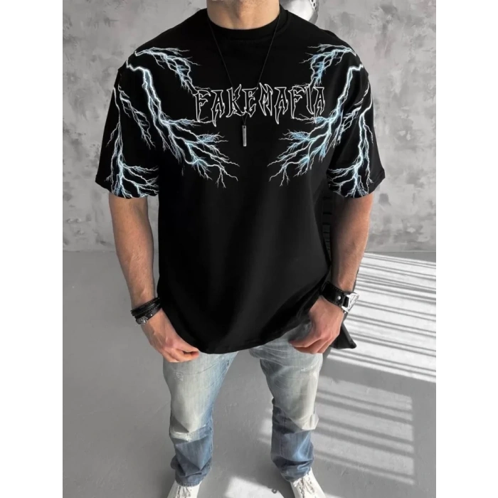 MARSiLYAN- Unisex Bisiklet Yaka Baskılı Oversize T-Shirt-Siyah