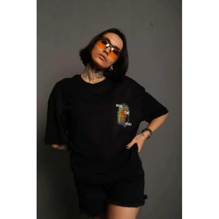 MARSiLYAN- Unisex Bisiklet Yaka Baskılı Oversize T-Shirt - Siyah