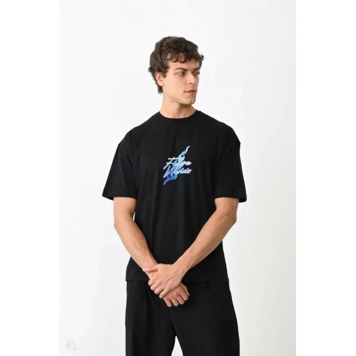 MARSiLYAN- Unisex Bisiklet Yaka Baskılı Oversize T-Shirt - Siyah