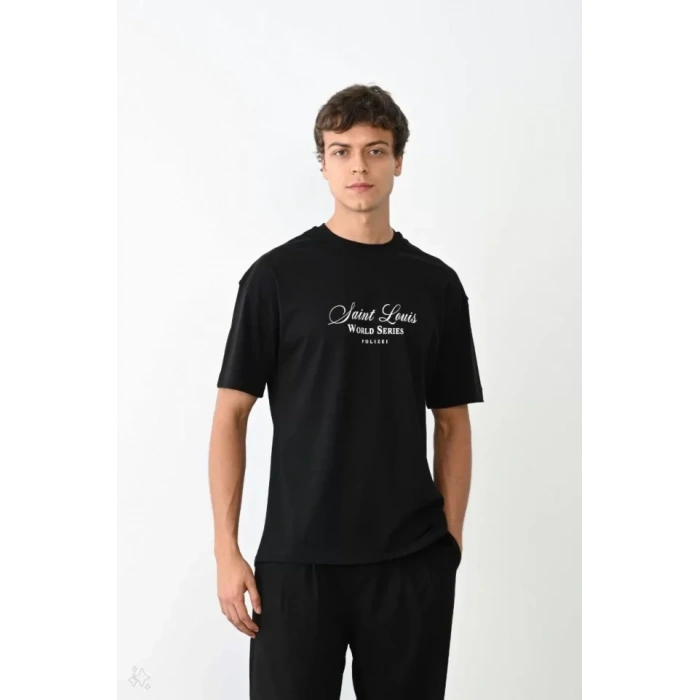 MARSiLYAN- Unisex Bisiklet Yaka Baskılı Oversize T-Shirt - Siyah