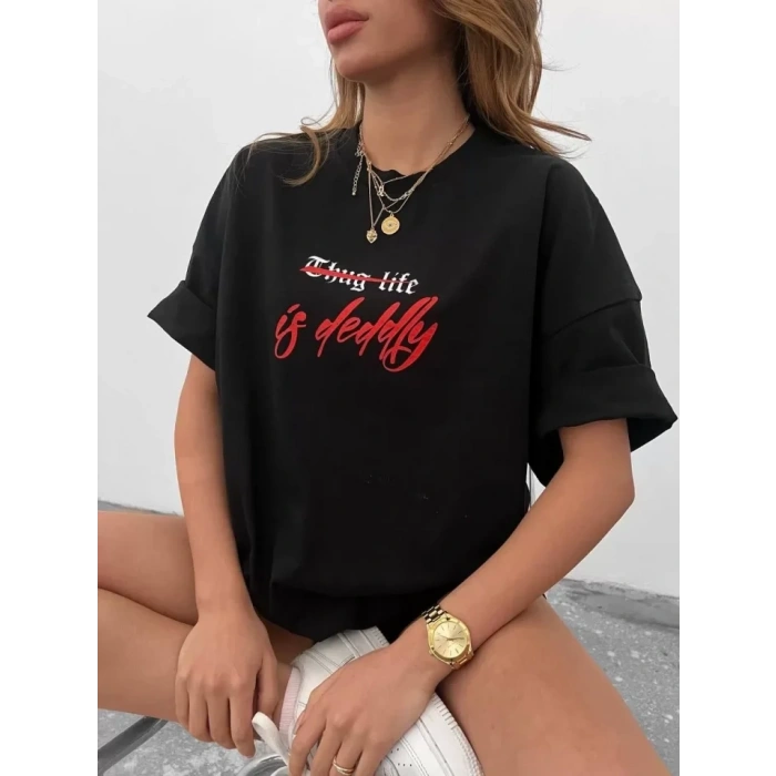MARSiLYAN- Unisex Bisiklet Yaka Baskılı Oversize T-Shirt - Siyah