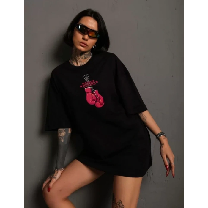 MARSiLYAN- Unisex Bisiklet Yaka Baskılı Oversize T-Shirt - Siyah