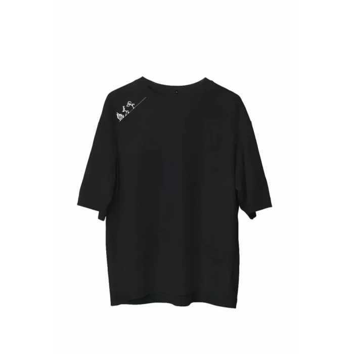 MARSiLYAN- Unisex Bisiklet Yaka Baskılı Oversize T-Shirt - Siyah