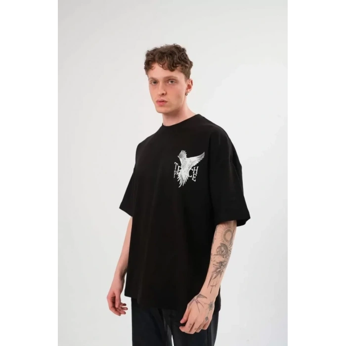 MARSiLYAN- Unisex Bisiklet Yaka Baskılı Oversize T-Shirt - Siyah