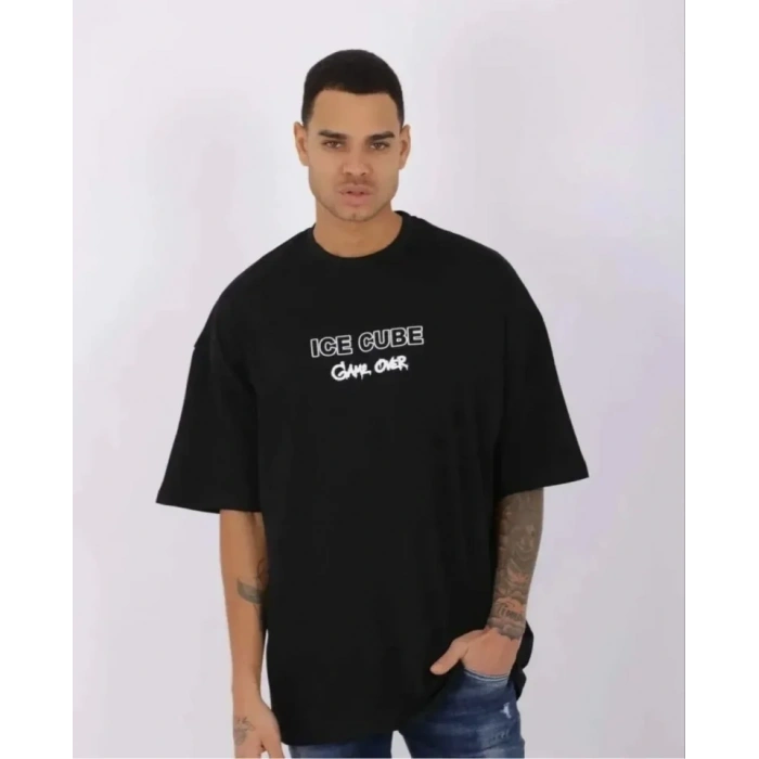 MARSiLYAN- Unisex Bisiklet Yaka Baskılı Oversize T-Shirt - Siyah