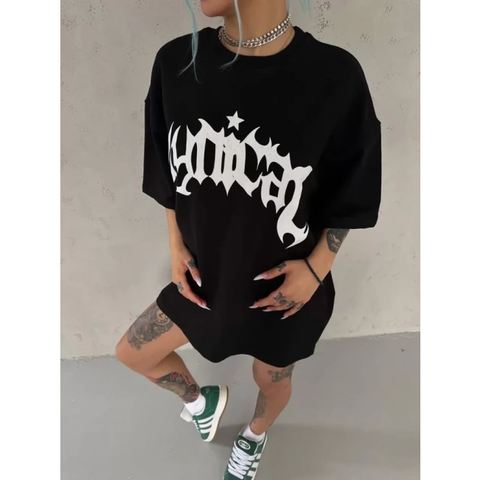 MARSiLYAN- Unisex Bisiklet Yaka Baskılı Oversize T-Shirt - Siyah