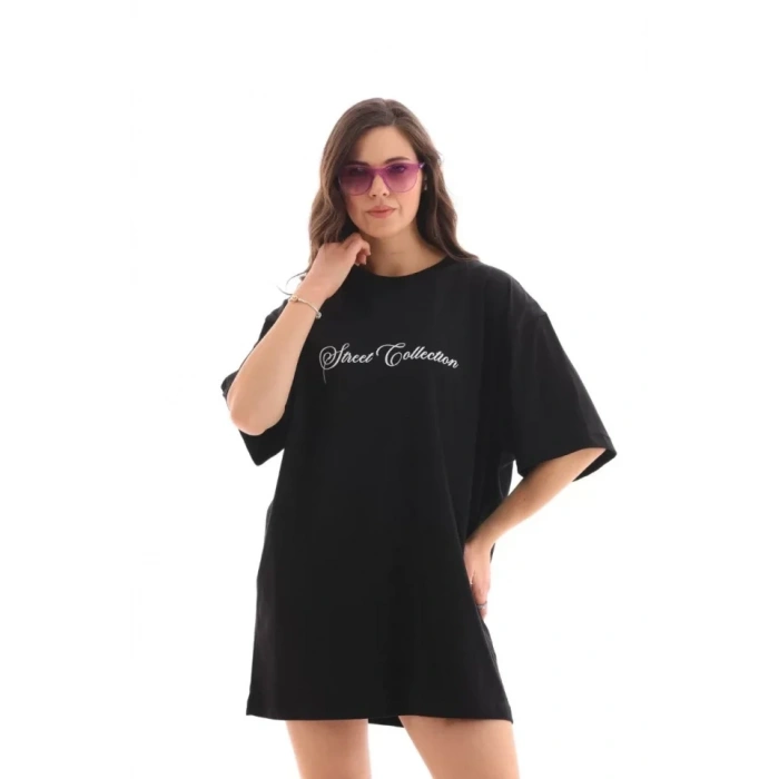MARSiLYAN- Unisex Bisiklet Yaka Baskılı Oversize T-Shirt - Siyah