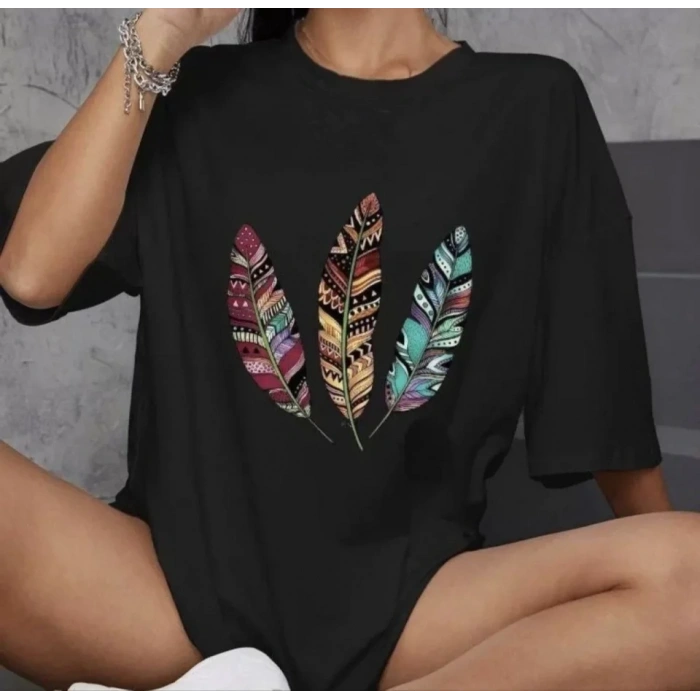MARSiLYAN- Unisex Bisiklet Yaka Baskılı Oversize T-Shirt - Siyah