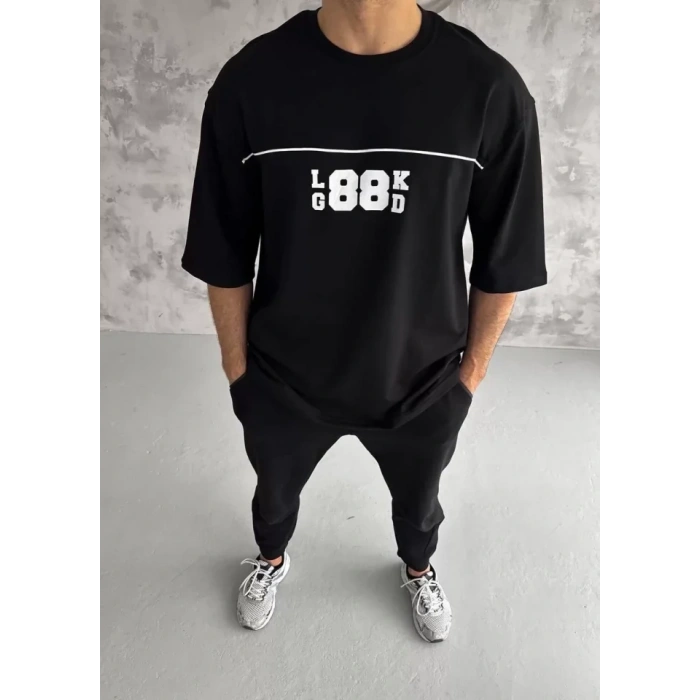 MARSiLYAN- Unisex Bisiklet Yaka Baskılı Oversize T-Shirt - Siyah