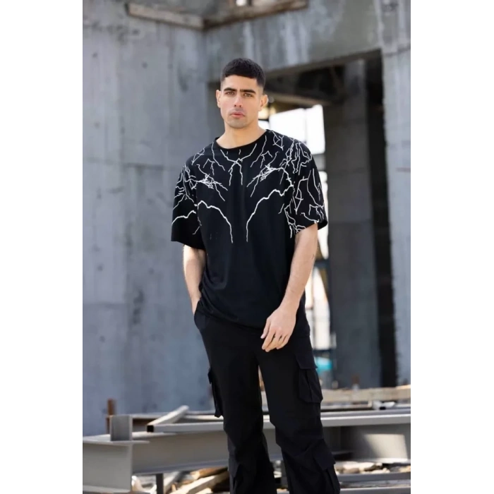 MARSiLYAN- Unisex Bisiklet Yaka Baskılı Oversize T-Shirt - Siyah