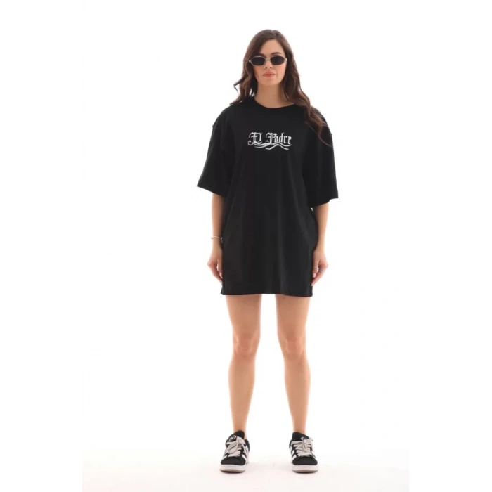 MARSiLYAN- Unisex Bisiklet Yaka Baskılı Oversize T-Shirt - Siyah