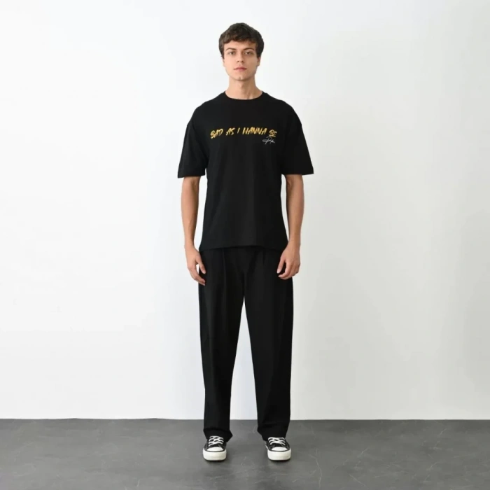 MARSiLYAN- Unisex Bisiklet Yaka Baskılı Oversize T-Shirt - Siyah