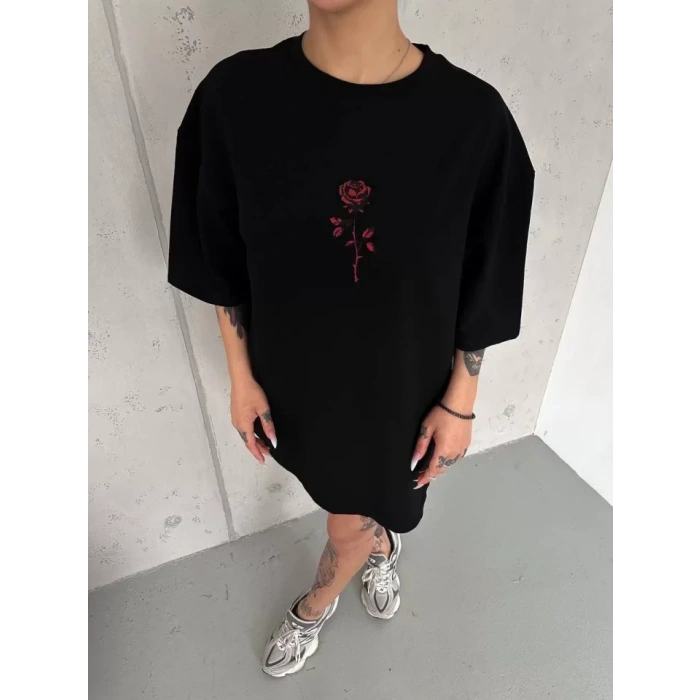 MARSiLYAN- Unisex Bisiklet Yaka Baskılı Oversize T-Shirt - Siyah