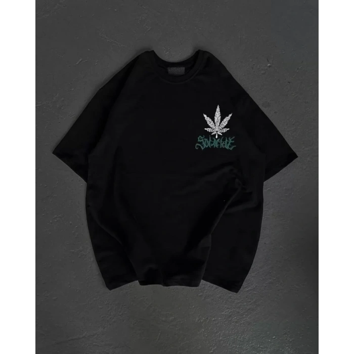 MARSiLYAN- Unisex Bisiklet Yaka Baskılı Oversize T-Shirt - Siyah
