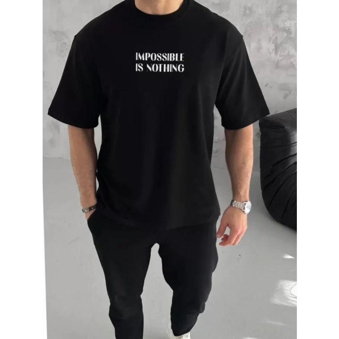 MARSiLYAN- Unisex Bisiklet Yaka Baskılı Oversize T-Shirt - Siyah