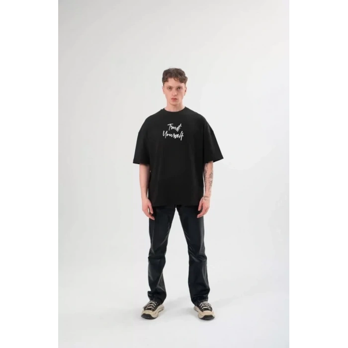 MARSiLYAN- Unisex Bisiklet Yaka Baskılı Oversize T-Shirt - Siyah
