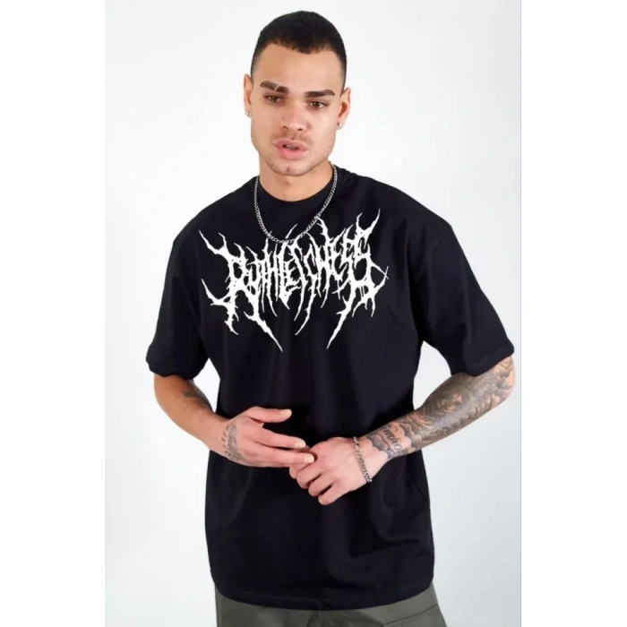 MARSiLYAN- Unisex Bisiklet Yaka Baskılı Oversize T-Shirt - Siyah