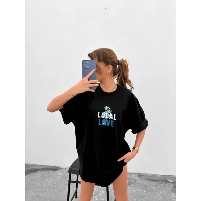 MARSiLYAN- Unisex Bisiklet Yaka Baskılı Oversize T-Shirt - Siyah