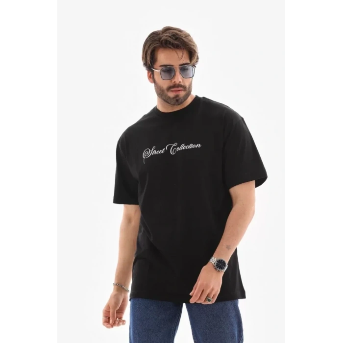 MARSiLYAN- Unisex Bisiklet Yaka Baskılı Oversize T-Shirt - Siyah