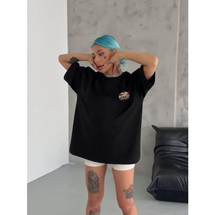 MARSiLYAN- Unisex Bisiklet Yaka Baskılı Oversize T-Shirt - Siyah