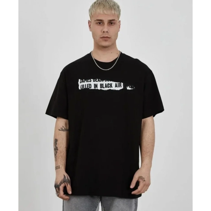 MARSiLYAN- Unisex Bisiklet Yaka Baskılı Oversize T-Shirt - Siyah