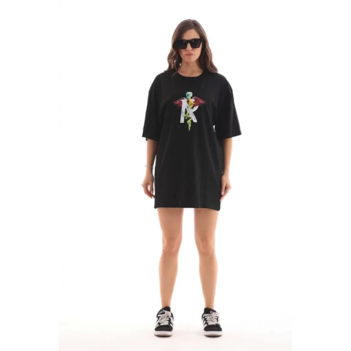 MARSiLYAN- Unisex Bisiklet Yaka Baskılı Oversize T-Shirt - Siyah