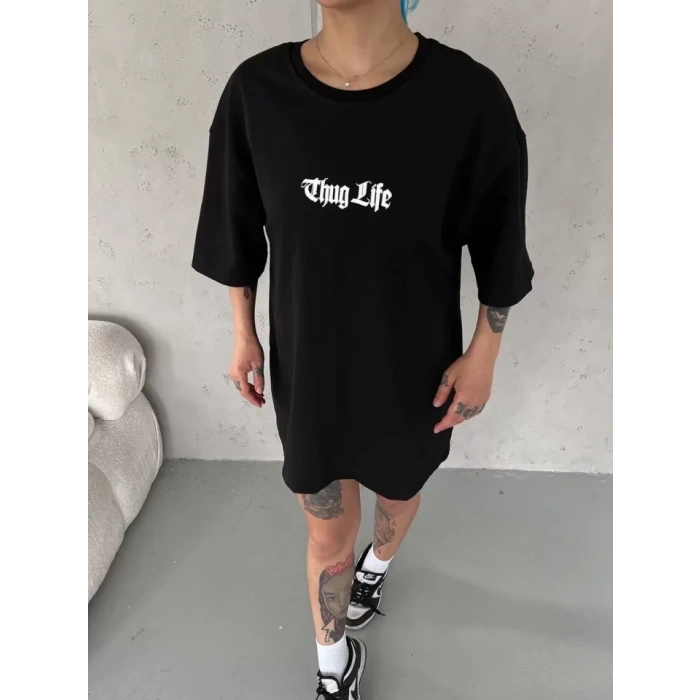 MARSiLYAN- Unisex Bisiklet Yaka Baskılı Oversize T-Shirt - Siyah