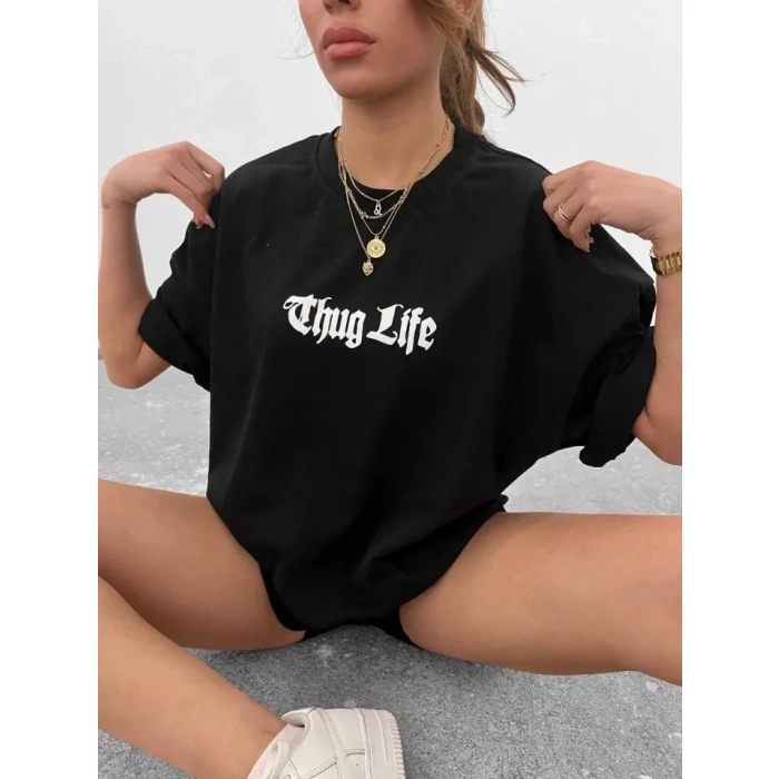 MARSiLYAN- Unisex Bisiklet Yaka Baskılı Oversize T-Shirt - Siyah