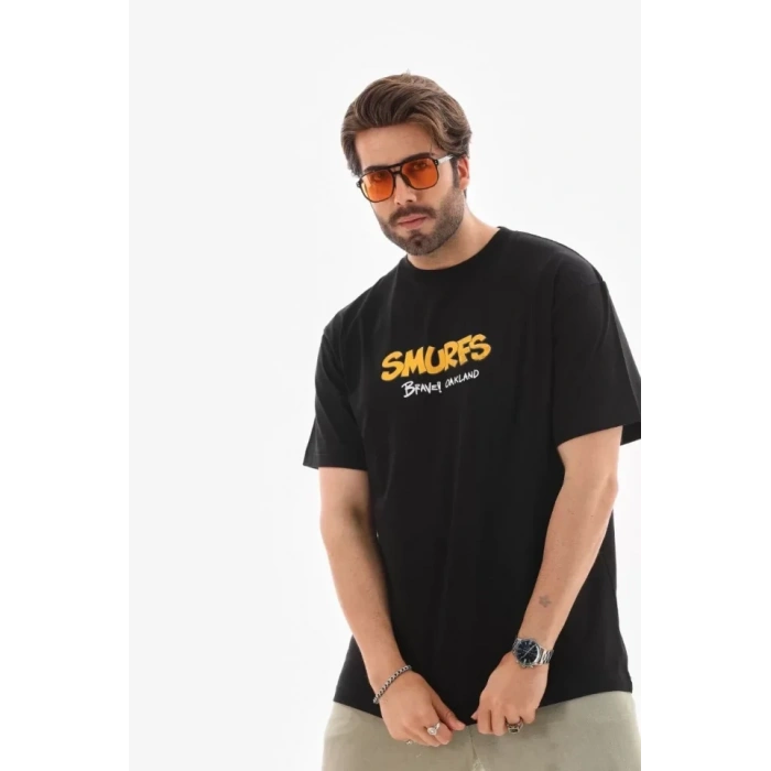 MARSiLYAN- Unisex Bisiklet Yaka Baskılı Oversize T-Shirt - Siyah