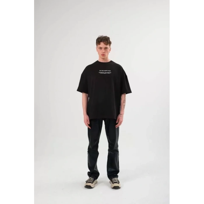 MARSiLYAN- Unisex Bisiklet Yaka Baskılı Oversize T-Shirt - Siyah