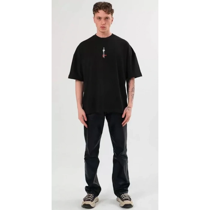 MARSiLYAN- Unisex Bisiklet Yaka Baskılı Oversize T-Shirt - Siyah