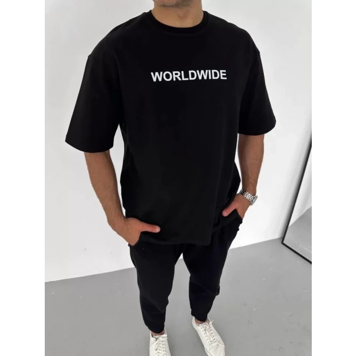 MARSiLYAN- Unisex Bisiklet Yaka Baskılı Oversize T-Shirt - Siyah