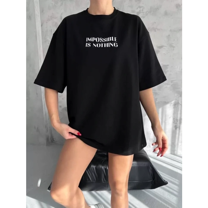 MARSiLYAN- Unisex Bisiklet Yaka Baskılı Oversize T-Shirt - Siyah