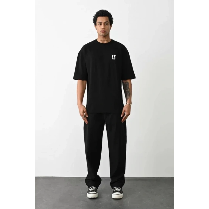 MARSiLYAN- Unisex Bisiklet Yaka Baskılı Oversize T-Shirt - Siyah