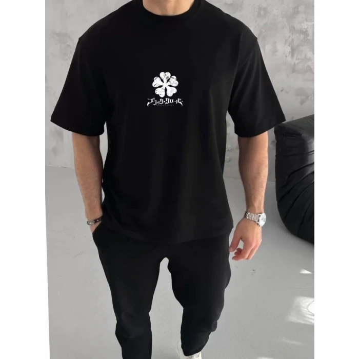 MARSiLYAN- Unisex Bisiklet Yaka Baskılı Oversize T-Shirt - Siyah