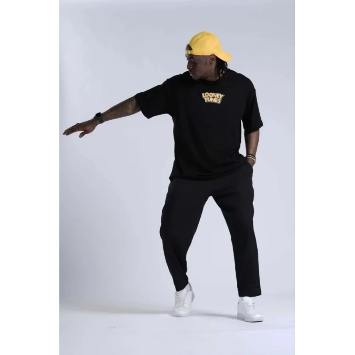 MARSiLYAN- Unisex Bisiklet Yaka Baskılı Oversize T-Shirt - Siyah
